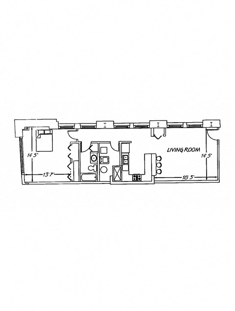 Floor plan for 1 bed, 1 bath, 725 sqft